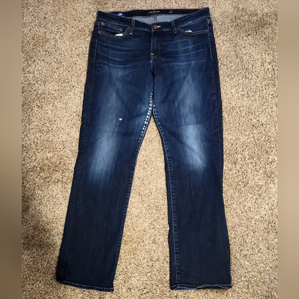 Lucky Brand Dark Blue Distressed Jeans Sweet Straight Cut Size 14/32